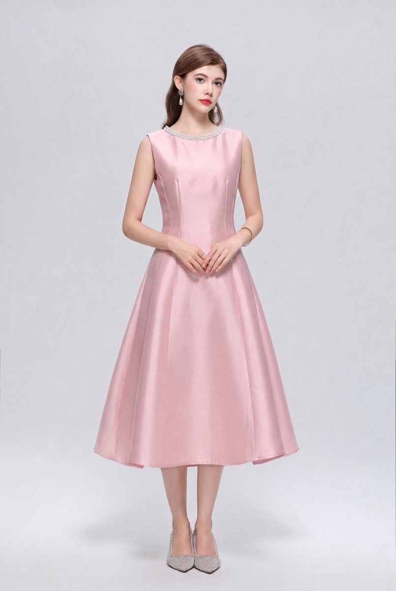 Pearl-Trimmed Sleeveless Fit-and-Flare Midi Dress-4