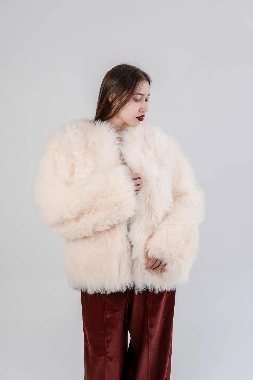 Sheepskin Fur / Coat with Burgundy Silk Lining - White-3