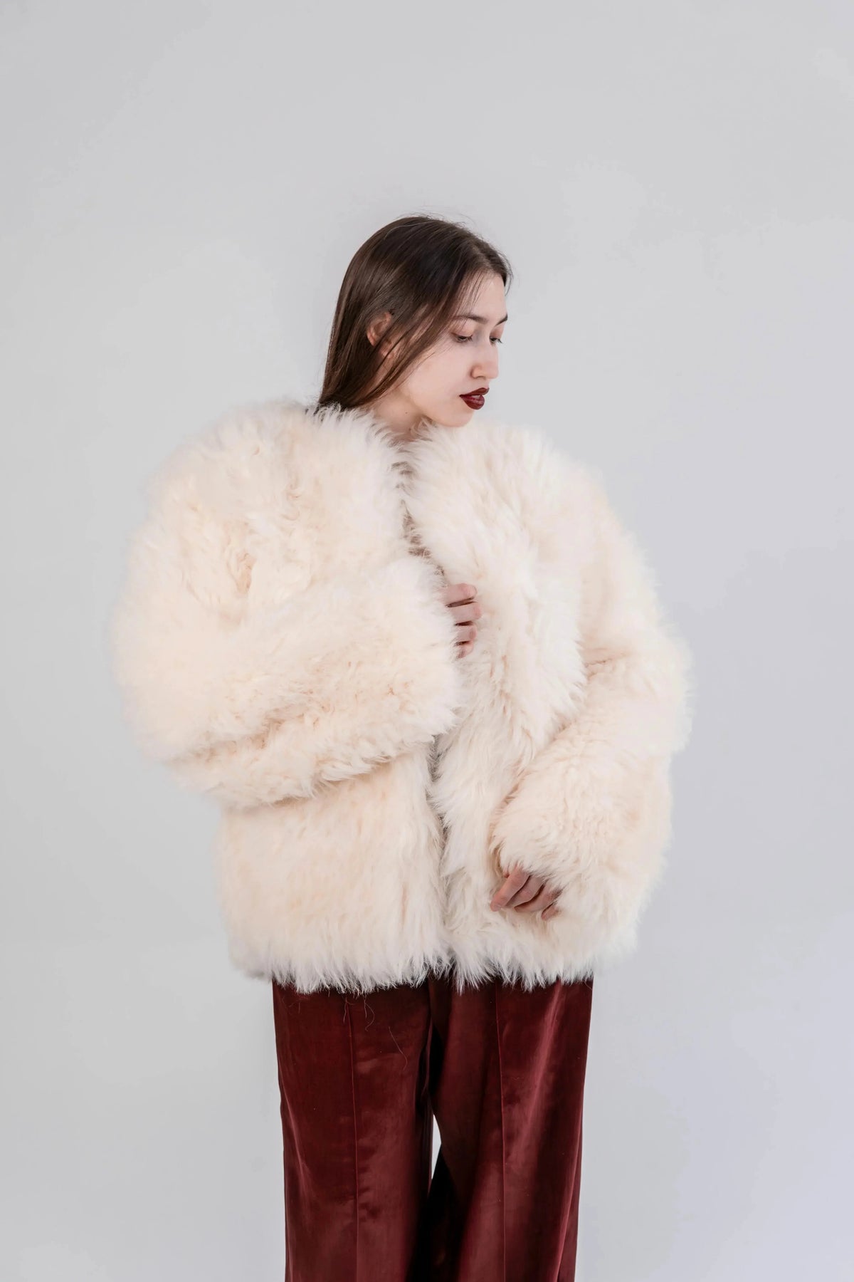 Sheepskin Fur / Coat with Burgundy Silk Lining - White-3