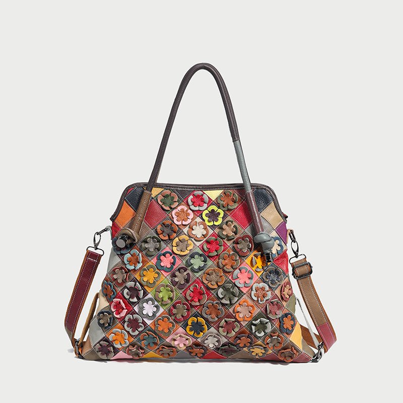 Rainbow Floral Patchwork Leather Tote Bag – 3D Flower Appliqué Cowhide Shoulder & Crossbody Bag-0
