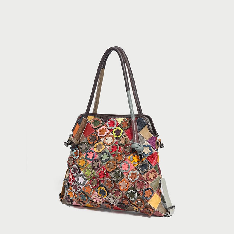 Rainbow Floral Patchwork Leather Tote Bag – 3D Flower Appliqué Cowhide Shoulder & Crossbody Bag-1