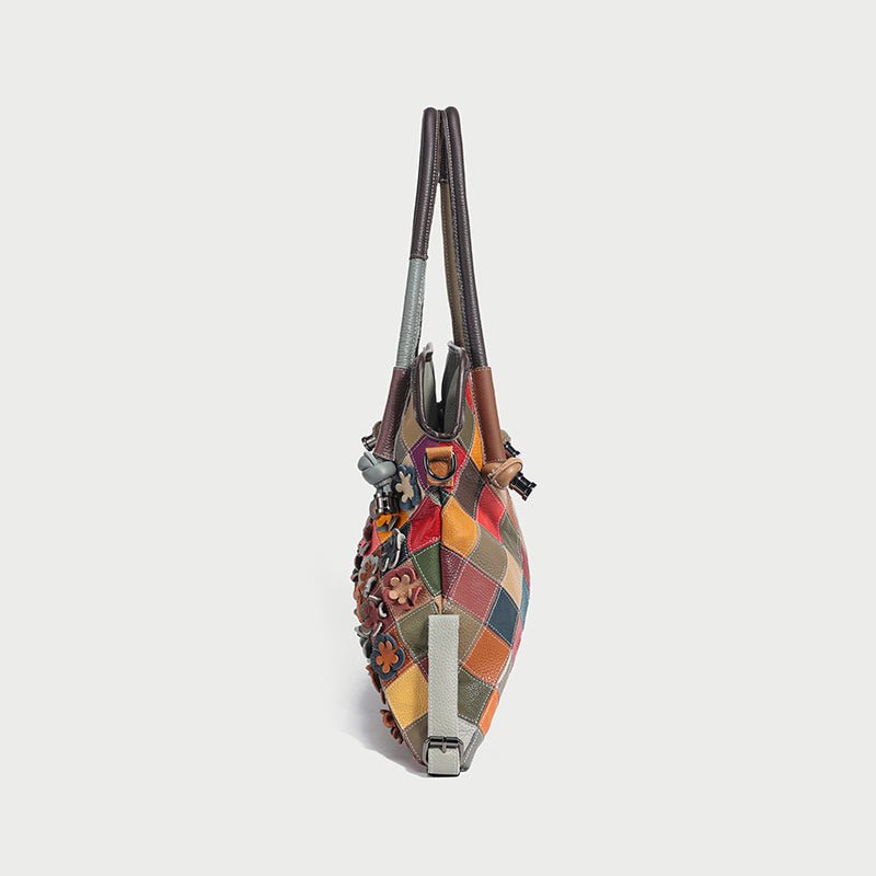 Rainbow Floral Patchwork Leather Tote Bag – 3D Flower Appliqué Cowhide Shoulder & Crossbody Bag-2