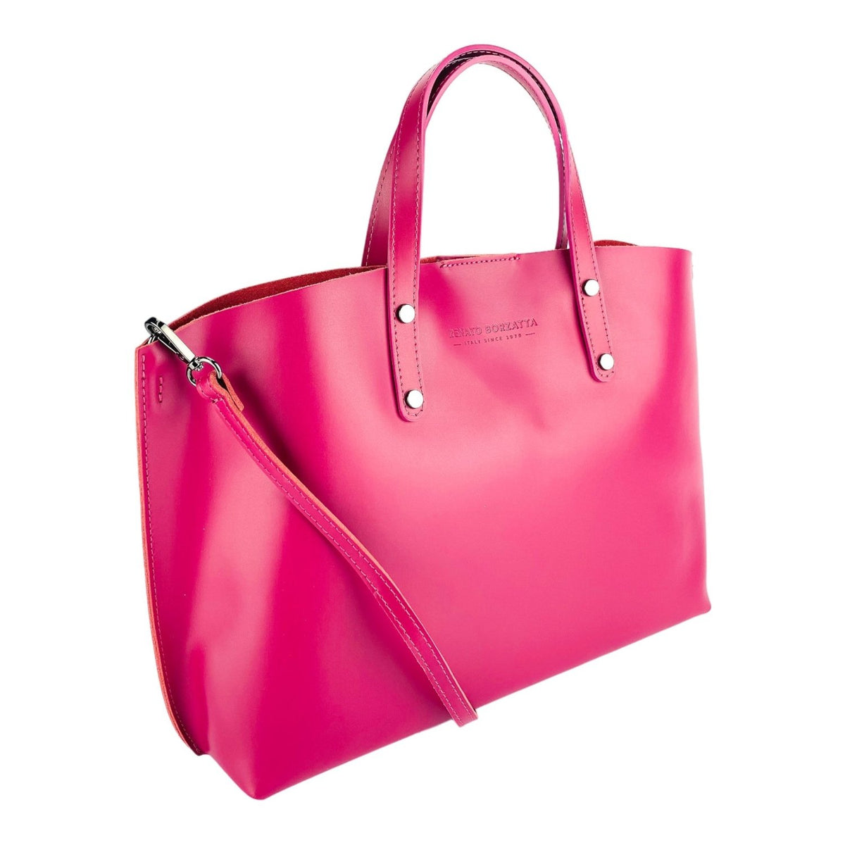 RB1024BE | Borsa Donna a Mano in Vera Pelle Made in Italy con tracolla removibile. Sacca grande interna estraibile. Accessori Canna di Fucile Lucido - Colore Fuxia - Dimensioni: cm 48x31x11 - Mio NEGOZIO 🌹💐RENATO BORZATTA - Italy since 1978 -RENATO BORZATTA - Italy since 1978 -
