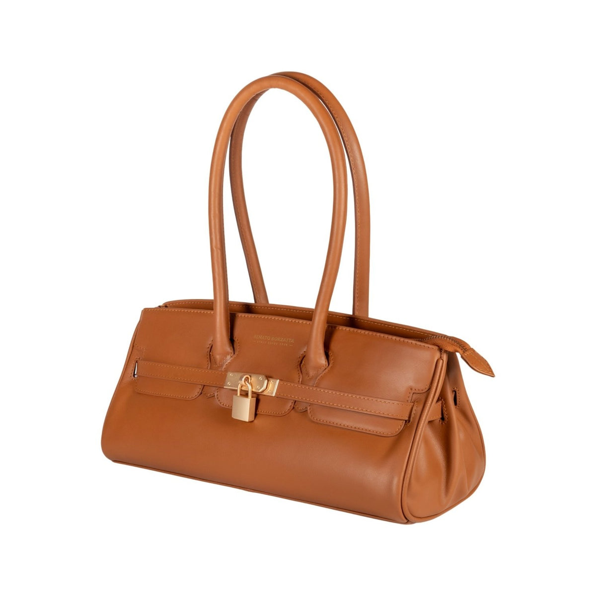 RB1033S | Borsa a Spalla Donna ARIANNA in Vera Pelle Morbida Sauvage Made in Italy. Accessori in metallo Oro Opaco. Colore Cognac. Dimensioni: cm 34 x 15 x 16 + 20 (Luce manici) - Mio NEGOZIO 🌹💐RENATO BORZATTA - Italy since 1978 -RENATO BORZATTA - Italy since 1978 -