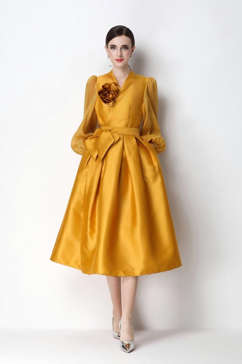 Structured Satin Wrap V-Neck Balloon-Sleeve Midi Dress-0
