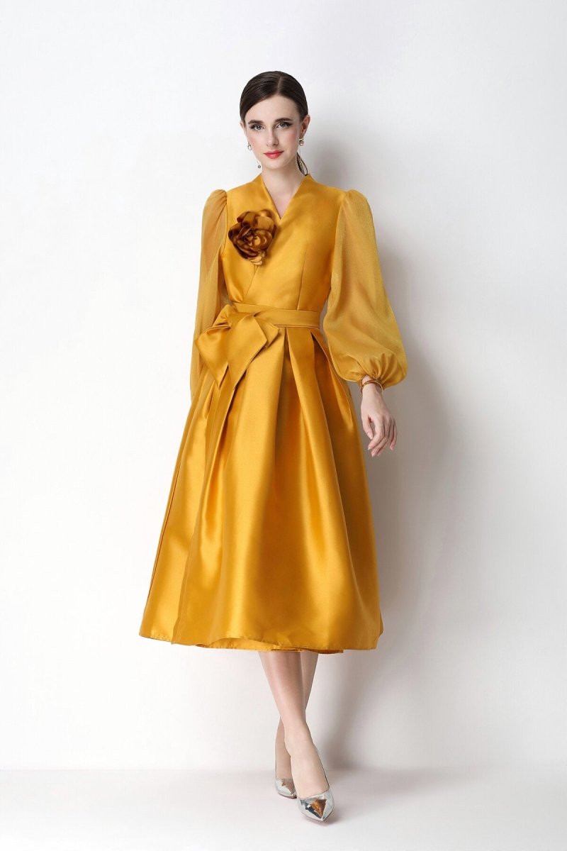 Structured Satin Wrap V-Neck Balloon-Sleeve Midi Dress-1