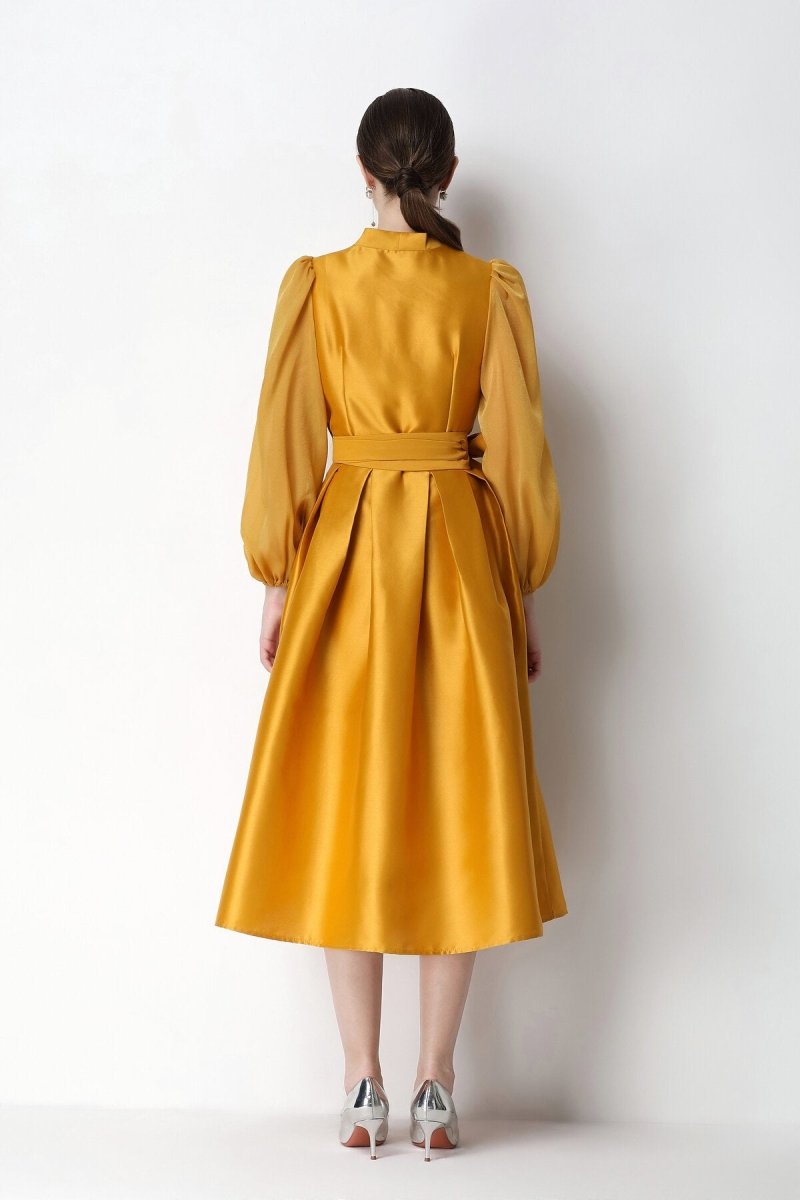 Structured Satin Wrap V-Neck Balloon-Sleeve Midi Dress-2