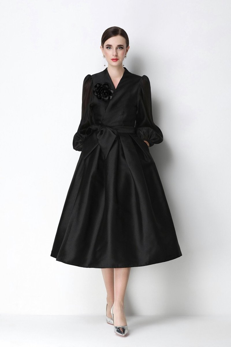 Structured Satin Wrap V-Neck Balloon-Sleeve Midi Dress-4