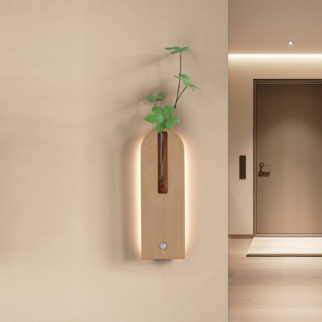 Solid Wood Motion Sensor Wall Light with Glass Vase-0