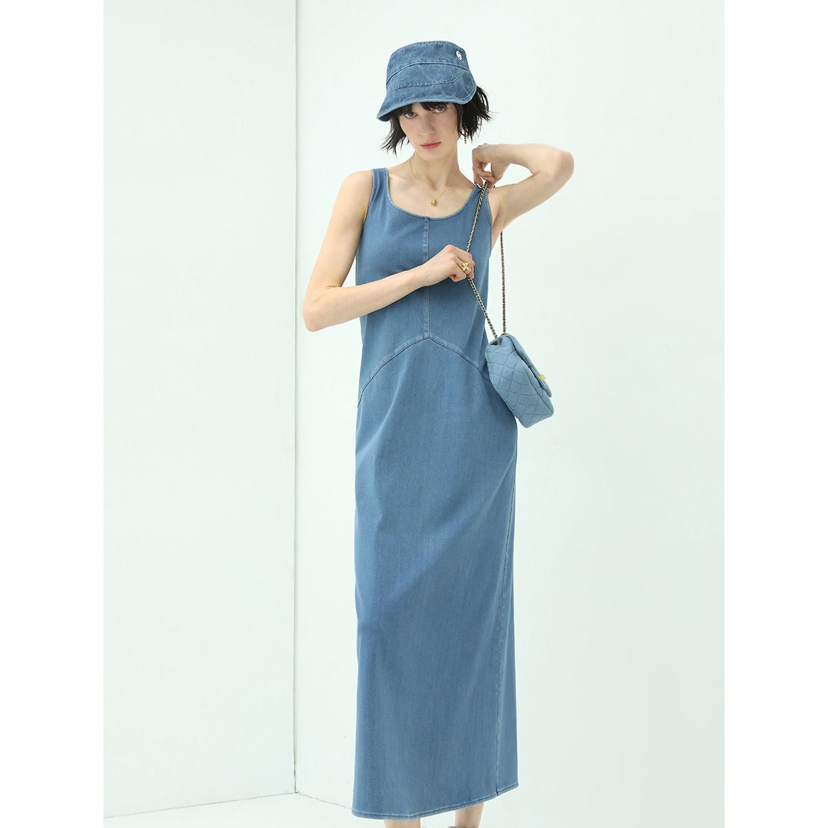 Sporty Scoop Neck Blue Denim Tank Dress-0