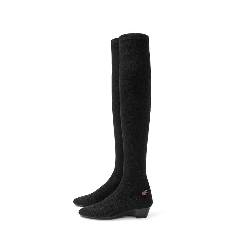 Stretch Over the Knee Boots – Low Heel Wool Knit Thigh High Boots-0
