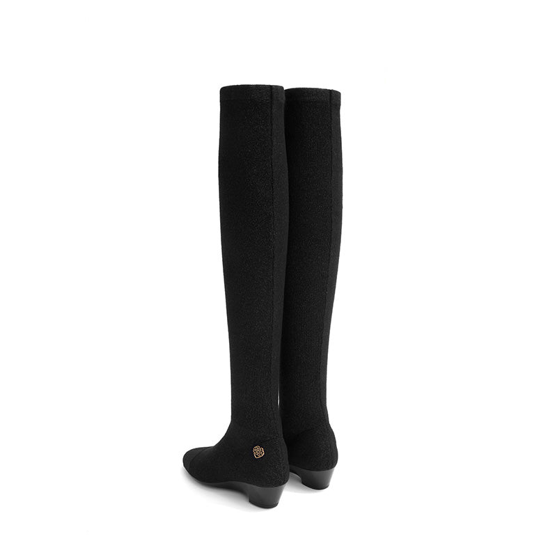 Stretch Over the Knee Boots – Low Heel Wool Knit Thigh High Boots-1
