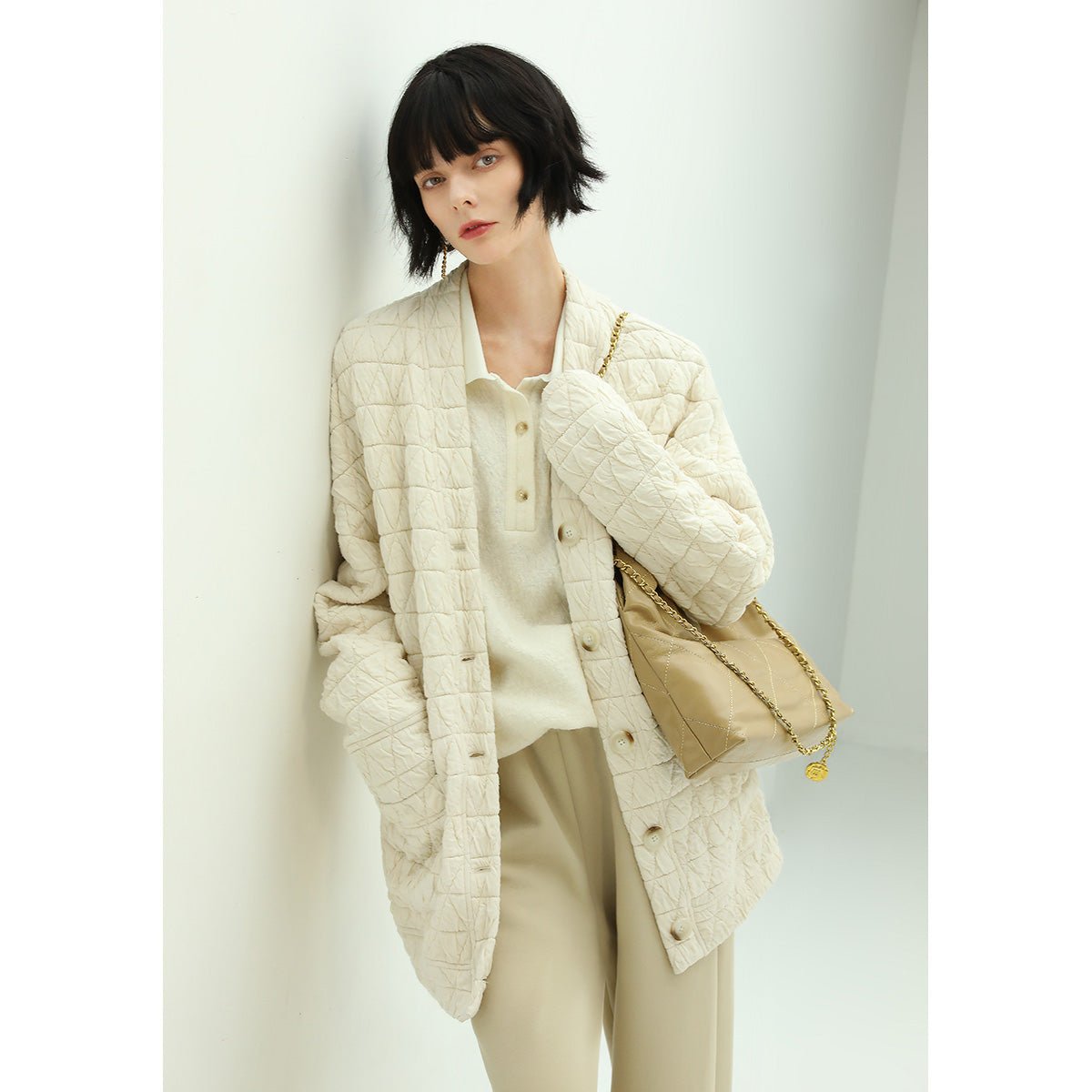 Velvety Collarless Oversized Quilted Coat-2