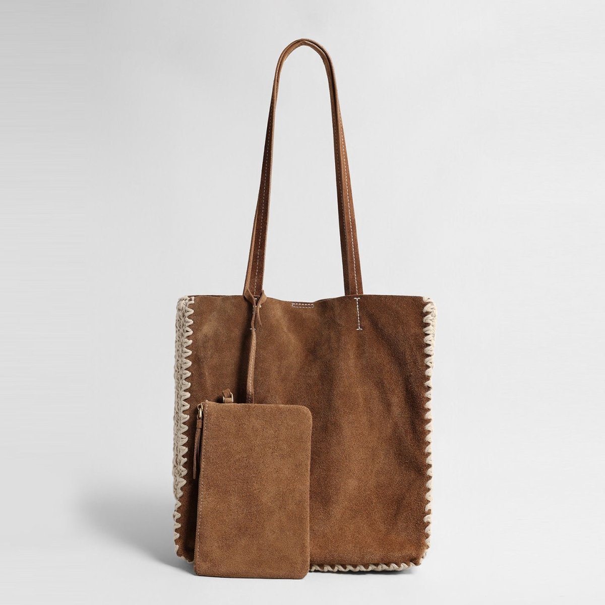 Vintage Suede Tote Bag – Woven Edge Shoulder Bag with Matching Pouch-0